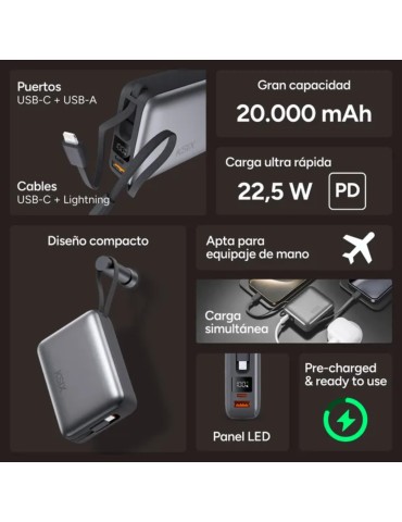 Ksix Powerbank 20000mAh PD 22.5W Cable USB-C con Pantalla Led Gris 2