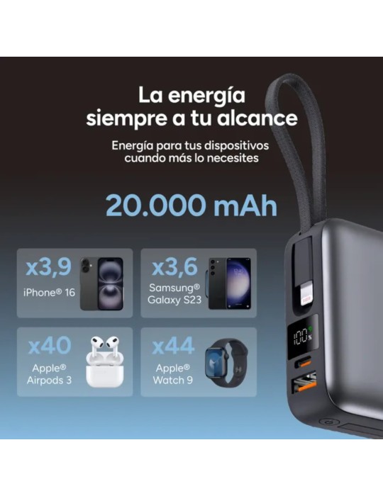 Ksix Powerbank 20000mAh PD 22.5W Cable USB-C con Pantalla Led Gris
