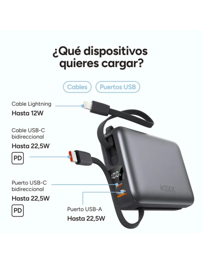 Ksix Powerbank 20000mAh PD 22.5W Cable USB-C con Pantalla Led Gris
