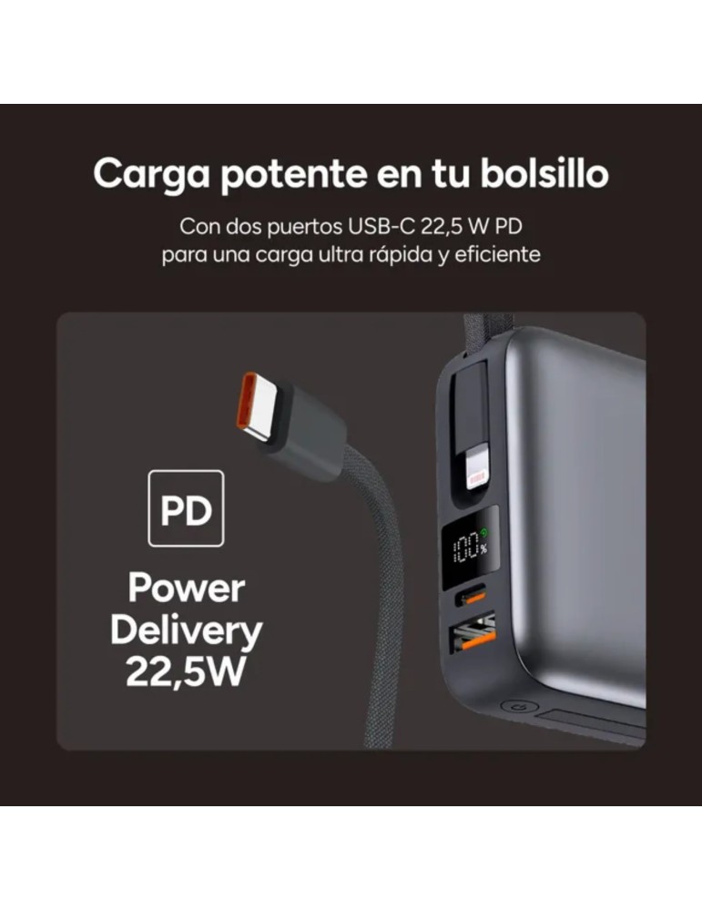 Ksix Powerbank 20000mAh PD 22.5W Cable USB-C con Pantalla Led Gris