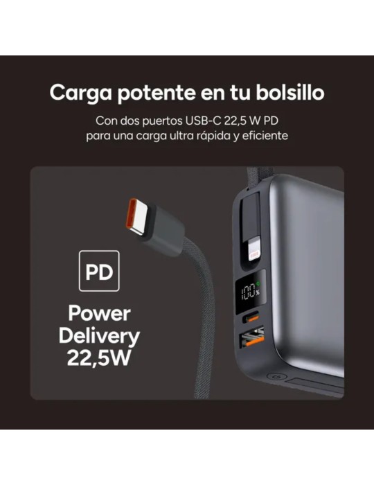 Ksix Powerbank 20000mAh PD 22.5W Cable USB-C con Pantalla Led Gris