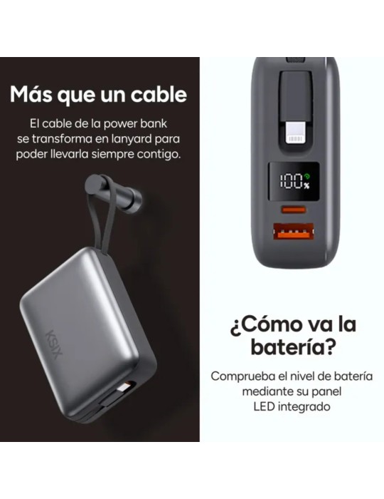 Ksix Powerbank 20000mAh PD 22.5W Cable USB-C con Pantalla Led Gris