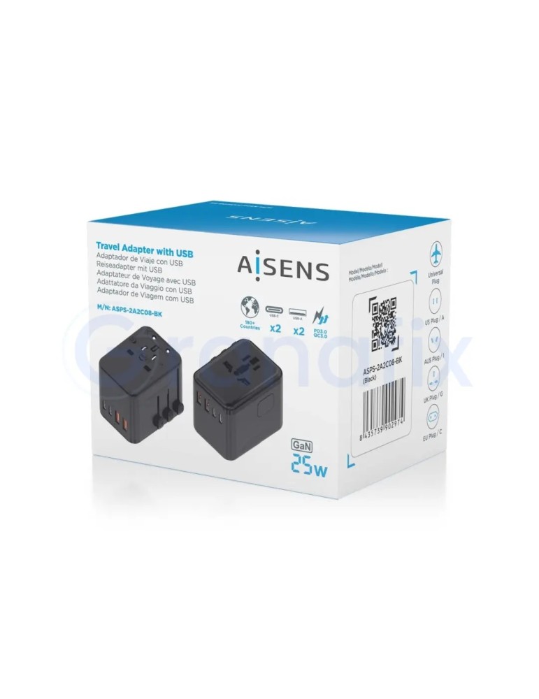 Aisens adaptador de corriente universal viaje QC3.0 25W Negro
