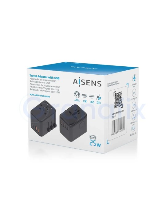 Aisens adaptador de corriente universal viaje QC3.0 25W Negro