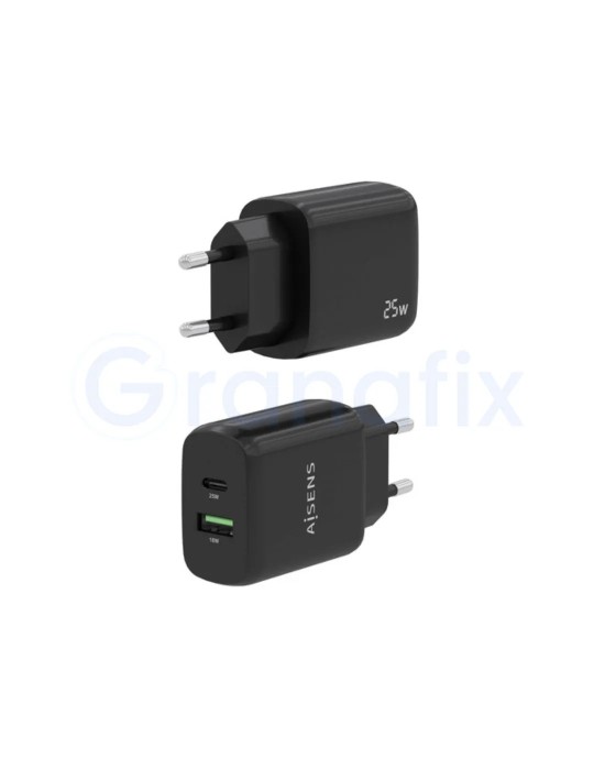 Cargador de Pared Negro Aisens Tipo C / USB A 25W