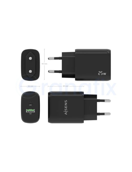 Cargador de Pared Negro Aisens Tipo C / USB A 25W